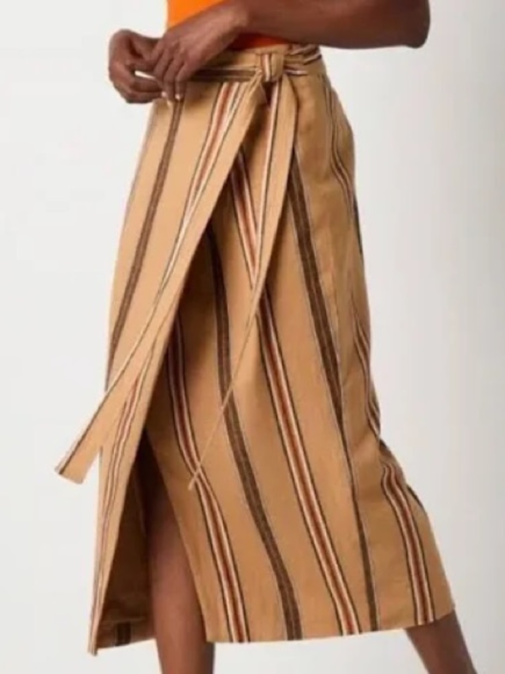 Worthington Linen Blend Striped Wrap Midi Skirt 14P NWT Neutral Brown